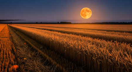 A large, glowing orange harvest moon hangs in a clear night sky over a golden wheat field. The field is partially harvested, and a few pumpkins are scattered in the foreground. The scene is tranquil and evokes an autumn or harvest theme.の素材