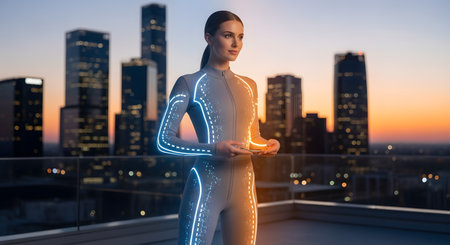 A woman stands on a rooftop overlooking a modern city skyline at sunset, wearing a futuristic gray smart suit. The suit has glowing blue and orange light patterns, and she is holding a small glowing device.の素材