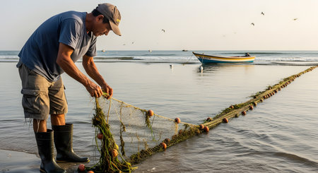 A fisherman wearing a cap, t-shirt, and rubber boots stands on a beach at sunrise, pulling a long fishing net out of the shallow ocean water. A small fishing boat is visible in the background, along with seabirds.の素材
