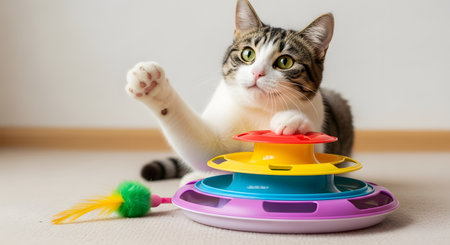 A playful tabby and white cat with wide green eyes interacts with a colorful, multi-layered circular ball track toy. The cat has one paw raised, about to bat at the toy, while its other paw rests on the structure. A small feather wand toy lies nearby on the carpeted floor.の素材