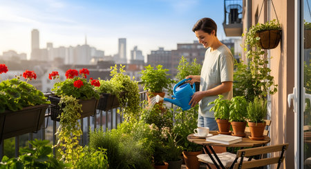 A smiling woman waters her lush container garden on a sunny city balcony. She is using a blue watering can to care for her various potted plants, including herbs and geraniums, with a blurred cityscape in the background.の素材