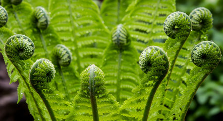 A close-up macro shot captures the vibrant green, unfurling fronds of a fern plant, often called fiddleheads. The tightly coiled new fronds are covered in tiny, glistening dewdrops. The image highlights the intricate patterns, fresh growth, and new life in a lush botanical setting.の素材