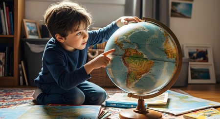 A curious young boy in a blue sweater kneels on a colorful rug, pointing his finger at a desktop globe. He is surrounded by maps and books, suggesting a home learning or study environment. The child looks engaged and interested in learning about the world.の素材
