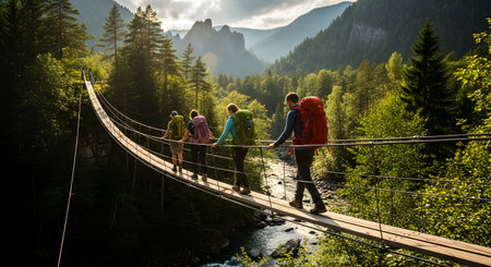 A group of four hikers with backpacks crosses a long, narrow suspension bridge over a rushing river in a dense mountain forest. The stunning landscape features tall pine trees, lush greenery, and rocky peaks in the background under a dramatic sky. This image evokes adventure, trekking, and exploring nature.の素材
