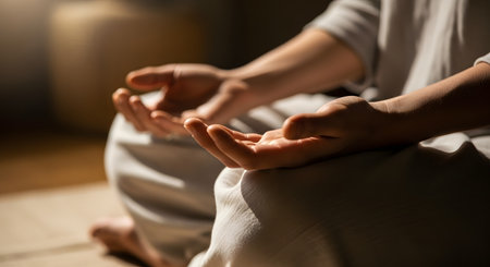 A close-up, serene shot focuses on the hands of a person sitting cross-legged in a meditation pose, with palms facing up in a gesture of openness or receiving. The person wears light-colored, loose-fitting clothing, and warm, gentle light illuminates their hands. The image conveys mindfulness, zen, relaxation, and spiritual practice.の素材