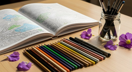An open adult coloring book with intricate mandala-like patterns lies on a wooden desk. A row of colored pencils, markers, and a jar of paintbrushes are arranged nearby, representing a relaxing, mindful, and creative hobby.の素材