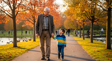 A loving grandfather and his young grandson hold hands while walking down a path in a beautiful autumn park. The trees have golden and red leaves, and the grandson is looking up at his grandfather with a smile.の素材