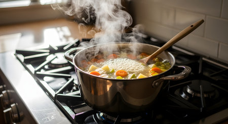 A large stainless steel pot of vegetable soup is boiling on a gas stovetop, with steam rising from it. The soup is filled with colorful ingredients like carrots, potatoes, and celery, and a wooden spoon rests inside. The kitchen is well-lit, creating a cozy, home-cooking atmosphere.の素材