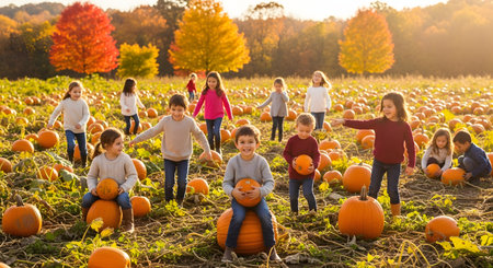 A large group of happy children play in a pumpkin patch on a sunny autumn day. They are sitting on, holding, and running among numerous pumpkins, with colorful fall foliage in the background.の素材
