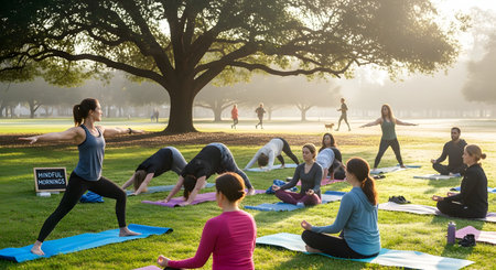 A group of diverse people practices yoga outdoors on a grassy lawn in a park, surrounded by large trees. An instructor leads the class in various poses, including warrior and seated meditation, on a sunny, slightly misty morning.の素材