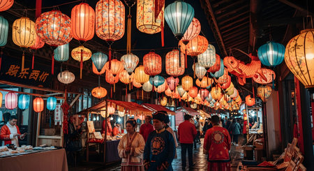 A bustling Asian night market is illuminated by hundreds of colorful, glowing paper lanterns hanging overhead. People, some in traditional clothing, walk through the market stalls.の素材