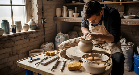 A skilled male artisan in an apron concentrates as he shapes a wet clay pot on a spinning potter's wheel. His rustic workshop is filled with tools, shelves of finished pottery, and bags of clay, with natural light coming from a window.の素材