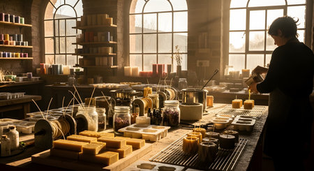 A candlemaker pours melted wax into molds in an atmospheric, rustic workshop. The large workbench is covered with candle-making supplies, including blocks of beeswax, wicks, molds, and jars of dried botanicals. Warm sunlight streams through large arched windows, illuminating the artisan's craft.の素材
