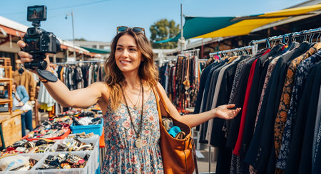 A smiling female vlogger or influencer films herself with a camera on a gimbal at a sunny outdoor flea market. She is standing in front of racks of second-hand clothes, capturing content for her social media.の素材