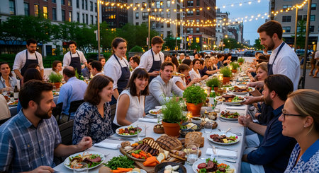 A large, happy group of people dines at a long communal table during an outdoor dinner party in a city. Waiters are serving food, and guests are talking and laughing under strings of lights on a closed street.の素材