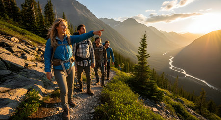A group of four friends hikes along a mountain trail during a golden sunset. The woman in the lead, wearing a blue jacket, is smiling and pointing at the stunning view of the valley and river below.の素材