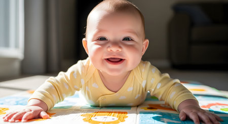 A close-up portrait of an adorable, happy baby smiling brightly at the camera while lying on its stomach. The baby, wearing a yellow onesie, is doing 'tummy time' on a colorful alphabet playmat in a sunlit room. This image captures innocence, joy, and early childhood development.の素材