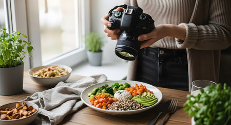 A food photographer's hands hold a DSLR camera, taking a picture of a healthy, colorful buddha bowl. The bowl contains quinoa, avocado, carrots, and broccoli, and is placed on a wooden table near a window.の素材