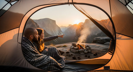 A couple wrapped in a blanket sits inside a tent, looking out at a stunning sunrise over a mountain valley, possibly Yosemite. A small campfire burns outside, creating a cozy and adventurous atmosphere.の素材