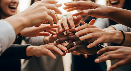 A close-up, low-angle shot of a diverse group of people putting their hands together in the center in a team huddle. The many hands, showing different skin tones, represent unity, teamwork, collaboration, and community. People are smiling and laughing in the blurred background.の素材