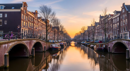 A scenic view of a classic Amsterdam canal during a vibrant sunrise or sunset. The calm water reflects the golden sky, arched bridges, and traditional Dutch canal houses that line the waterway, where several boats are moored.の素材