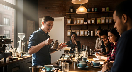 A male barista smiles as he demonstrates the pour-over coffee brewing method to an attentive group of people in a craft coffee shop. He is holding a gooseneck kettle over a dripper while the students watch and take notes. The cafe has a rustic-industrial vibe with brick walls and shelves of coffee bags.の素材