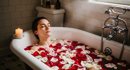 A woman with her eyes closed relaxes in a vintage clawfoot bathtub. The bath is filled with water and scattered with red, pink, and white rose petals. A lit candle sits on the edge of the tub, creating a serene and luxurious spa-like atmosphere.の素材