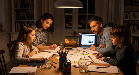A family of four, including a mother, father, son, and daughter, works on homework together at a wooden table in a warmly lit room at night. The parents help the children with their assignments, using a laptop and notebooks.の素材
