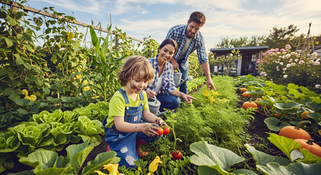 A happy young family, including a father, mother, and a child with a dirty face, gardening together in a lush vegetable patch. The child is holding a freshly picked tomato, and the parents are smiling and pointing.の素材