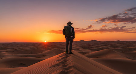 A lone traveler, seen from behind, wearing a hat and backpack, stands on the crest of a sand dune. He is watching a beautiful, golden sunset over the vast, rippling expanse of a desert. The scene evokes a sense of adventure, solitude, and exploration.の素材