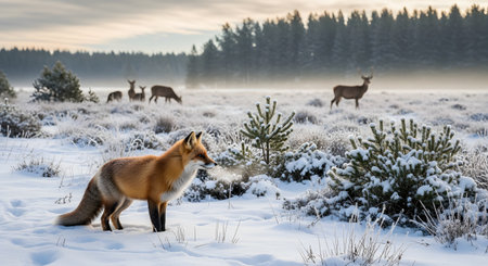 A majestic red fox stands in a frost-covered, snowy field, looking off to the side. In the misty background, a herd of deer, including a stag, grazes near a dark pine forest. The scene captures a tranquil, cold winter morning.の素材