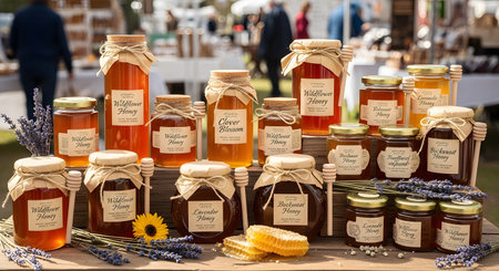 A variety of artisan honey jars are displayed on a wooden table at an outdoor farmers market. The jars have labels for different types like Wildflower, Clover, and Lavender honey, and are decorated with honeycomb and dried lavender.の素材
