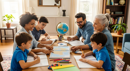 A multi-generational, diverse family sits around a wooden table at home, doing homework together. Parents and a grandmother help the three boys with their studies, looking at maps and writing in notebooks.の素材
