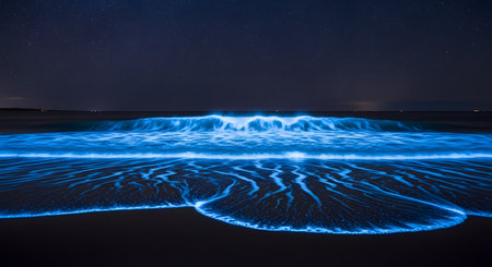 A magical nighttime beach scene where waves glow with bright blue bioluminescence as they crash onto the shore. The starry night sky is visible above the glowing ocean, caused by bioluminescent plankton, creating a stunning and surreal natural phenomenon.の素材