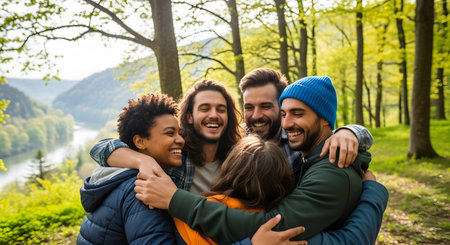 A diverse group of five young friends is in a joyful group hug, laughing and smiling in a sunlit forest. The background shows a beautiful view of a river and valley, capturing a moment of friendship, happiness, and outdoor adventure.の素材