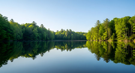 A serene, calm lake perfectly reflects the lush green forest and clear blue sky. The still water acts like a mirror, creating a beautiful, symmetrical, and peaceful natural landscape.の素材