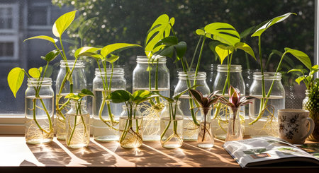 A collection of house plant cuttings, including Pothos and Monstera, are propagating in glass jars filled with water. The jars are lined up on a wooden windowsill, backlit by bright sunlight, showcasing the visible root growth. This represents a hobby of indoor gardening and plant propagation.の素材