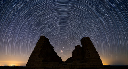 A long exposure photograph captures spectacular circular star trails in the night sky, centered around the north star. In the foreground, the silhouette of ancient stone ruins stands against the rotating sky, blending astronomy and history.の素材