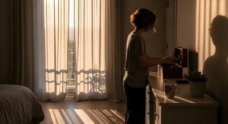 A woman stands in a sunlit bedroom in the early morning, at a dresser opening a small wooden box. Light streams in from a window with sheer curtains, casting long shadows and illuminating dust particles.の素材