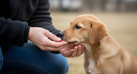 A close-up shot of a person's hands gently feeding a small, cute, light-brown puppy. The person is kneeling down, and the puppy is attentively taking the treat from their hand.の素材