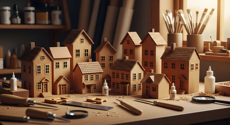 A woodworking workbench is covered with several beautifully crafted miniature wooden model houses. Various tools, such as chisels, magnifying glasses, and glue bottles, are scattered on the table, indicating an active hobby or craft project.の素材