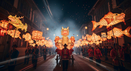A spectacular night parade during a Chinese festival, possibly Lunar New Year or the Lantern Festival. People in traditional clothing carry intricate, illuminated lanterns shaped like a dragon, fish, and other symbols through a historic street.の素材