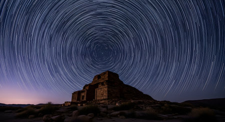 A long exposure photograph captures circular star trails spinning around the North Star in the night sky. Below, an ancient stone ruin stands silhouetted in a desert landscape, creating a sense of time, history, and astrophotography.の素材