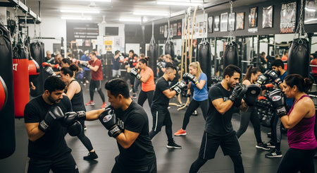 A busy boxing gym with a large group of diverse men and women in a fitness class. People are practicing punches with partners holding pads, while others work on heavy bags in the background.の素材