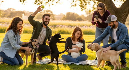 A happy and diverse group of young friends hangs out in a sunlit park at sunset, playing with their various pets, including two dogs, a cat, and a white rabbit. One man throws a ball while a woman holds the rabbit and another takes a photo. This image shows friendship, pet ownership, and outdoor fun.の素材