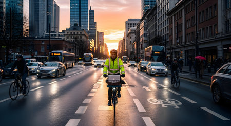 A male cyclist commuter wearing a high-visibility jacket and helmet rides in a dedicated bike lane in heavy city traffic. The sun is setting, casting a warm glow on the wet street, which is lined with tall buildings, cars, and buses.の素材