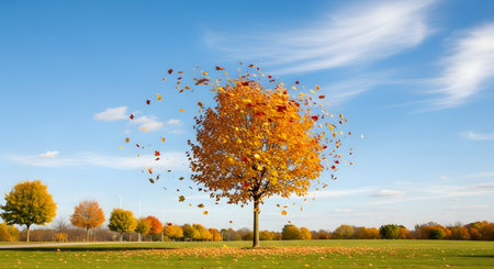 A solitary autumn tree with golden and orange leaves stands in a green grassy field, with its leaves blowing off in the wind. A line of other fall-colored trees is in the distance under a clear blue sky with light clouds.の素材