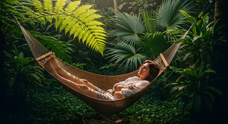 A woman with her eyes closed relaxes in a woven hammock in a lush, green tropical jungle. Sunlight filters through the dense foliage, including large fern leaves, creating a peaceful and serene scene.の素材