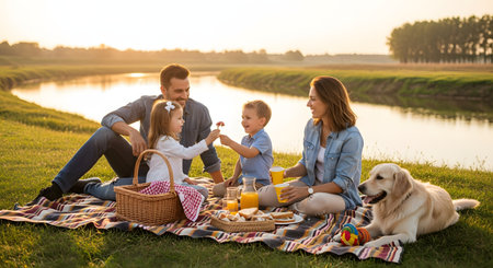 A happy young family of four, with their golden retriever dog, enjoys a picnic on a checkered blanket by a river at sunset. The son is sweetly handing a small flower to his sister, while the parents smile and watch.の素材