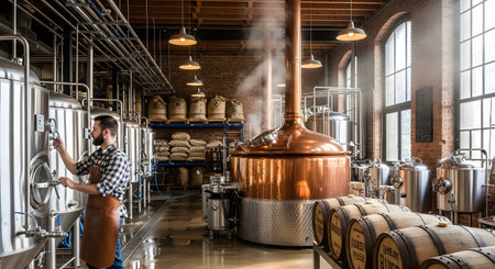 A male brewer in a leather apron works at a craft brewery, checking gauges on large stainless steel vats. The industrial-style room features a large, steaming copper still, stacks of grain sacks, and wooden aging barrels, representing the beer-making process.の素材